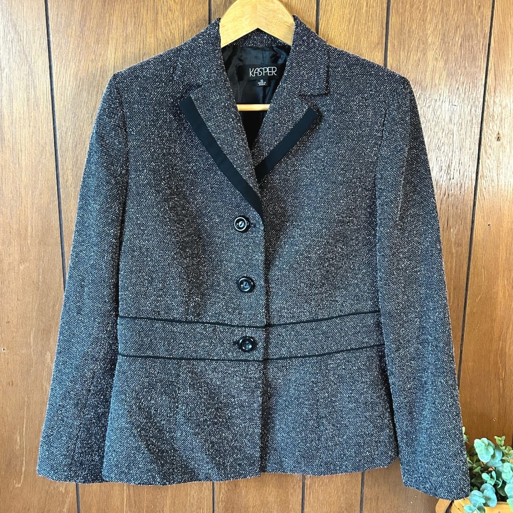 Vintage Kasper Womens‎ Blazer Jacket Size 10 Black White Tweed Career Work